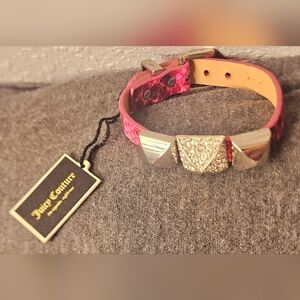 Juicy Couture Bracelet Silver 3 Pyramids Pave Crystal Cuff Pink Leather Buckle